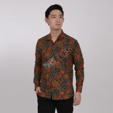 KEMEJA BATIK PANJANG KEMEJA PRIA BATIK SONGKET LENGAN PANJANG SLIMFIT TERMURAH MXL 10 OREN