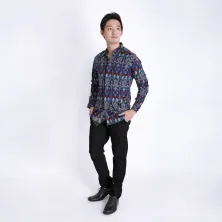 KEMEJA BATIK PANJANG KEMEJA PRIA BATIK SONGKET LENGAN PANJANG SLIMFIT TERMURAH MXL 05 BIRU DONGKER