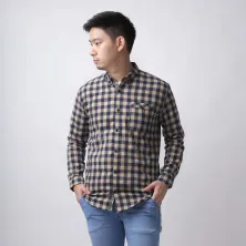 KEMEJA PANJANG Kemeja Flanel Pria Lengan Panjang Motif Kotak 04 Navy Coklat Muda