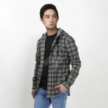 KEMEJA PANJANG KEMEJA FLANEL PRIA HOODIE LENGAN PANJANG MOTIF KOTAK 04 ABU MUDA  COKLAT TUA