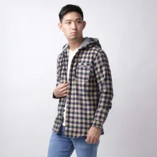 KEMEJA PANJANG Kemeja Flanel Pria Hoodie Lengan Panjang Motif Kotak 04 Navy Coklat Muda