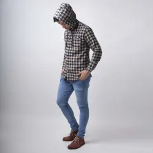 KEMEJA PANJANG Kemeja Flanel Pria Hoodie Lengan Panjang Motif Kotak 04 Navy Coklat Muda