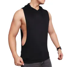 SINGLET CASUAL Kaos Singlet Pria Katun Gym Hoodie Polos Hitam